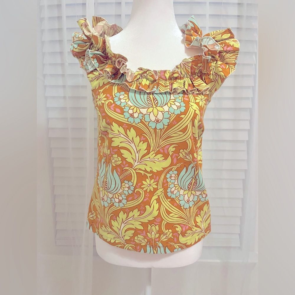 La Roque RARE original sleeveless flowery blouse with ruffled neckline.Like new!